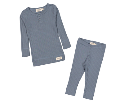 Long Sleeve Modal Broad Rib Henley Set - Stormy Blue