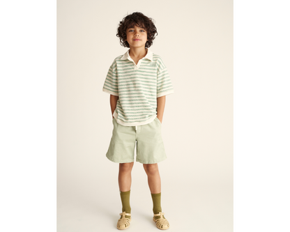 Thin Striped Polo Shirt and Bermuda Shorts Set - Grass Green