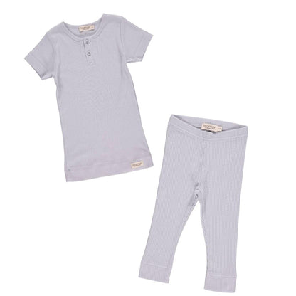 Short Sleeve Ribbed Henley Set - Light Blue