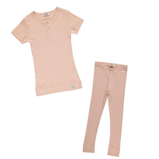 Short Sleeve Ribbed Henley Set - Pink