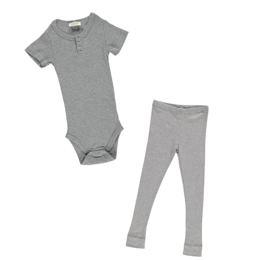 Short Sleeve Ribbed Henley Body Set - Grey