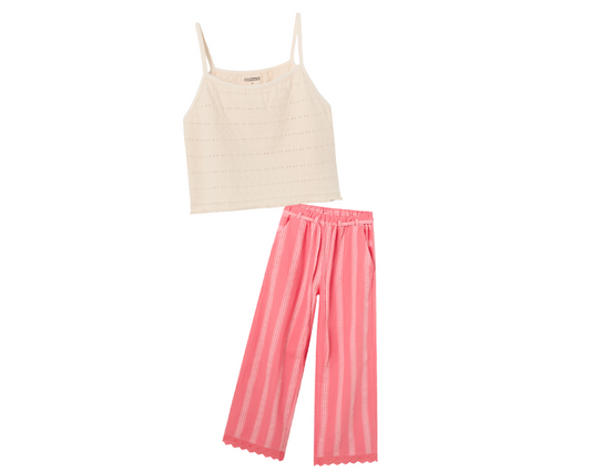 Jacquard Crop Top and Pink Ruffle Pants Set