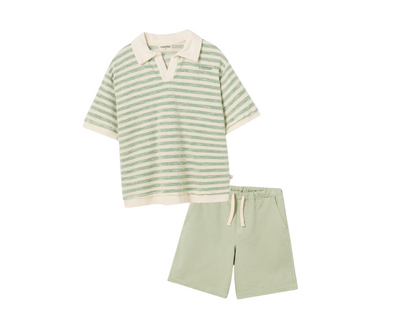 Thin Striped Polo Shirt and Bermuda Shorts Set - Grass Green