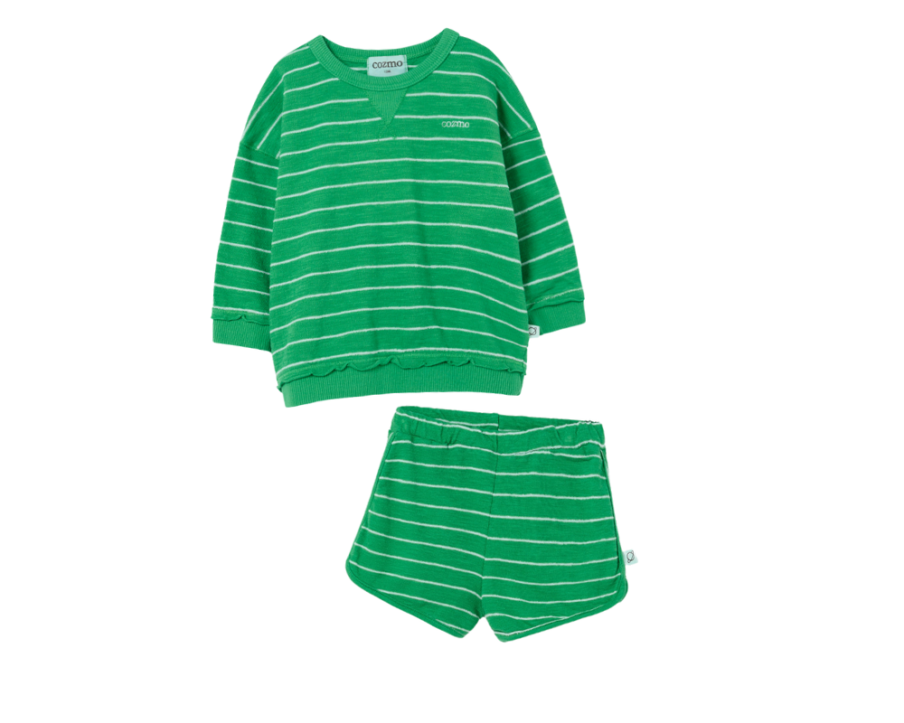 Crepe Striped Baby Sweater and Shorts Set - Grass Green